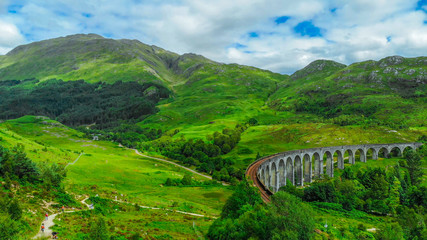 Fototapeta na wymiar Aerial view over the famous Glenfinnan viaduct in the highlands of Scotland