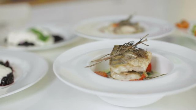 panna cotta dessert, fish steak and fresh zucchini with shrimps