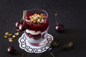 Chia pudding with  fresh cherry and greek yogurt