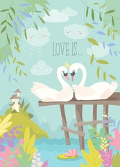 Cartoon swans in love. Fairy tale concept.