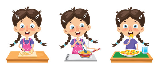 Naklejka premium Vector Illustration Of Kid Cooking Meal