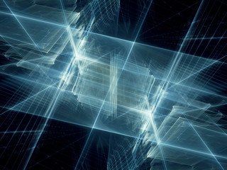 Abstract background element. Fractal graphics 3d illustration. Symmetric composition of repeating grids. Information technology concept. Blue and black colors.
