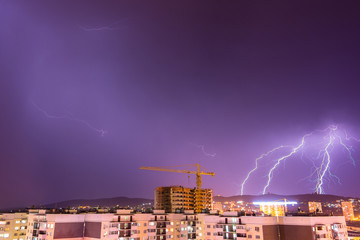 Night thunderstorm with lightning over the city resort of Anapa, Russia