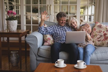Senior couple doing a video call at home
