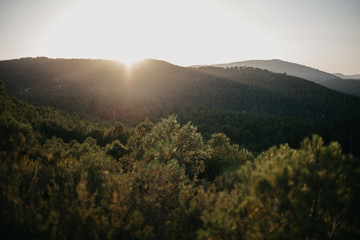 Golden sunset on the hills covered with green forest in Spain. Photo with sun reflection.