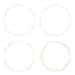 Set of four delicate elegant green floral wreaths with light peach two-colored balls objects isolated on white background.