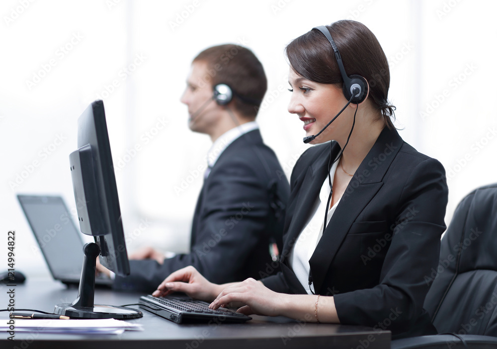 Sticker Female Customer Services Agent With Headset Working In A Call Center