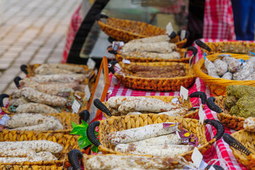 Sausages on sale in a French market