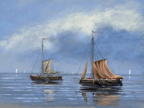 Paintings sea landscape, fisherman, boats, ships. Fine art.