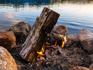 Campfire Along Water, Burning Logs in Fire Ring