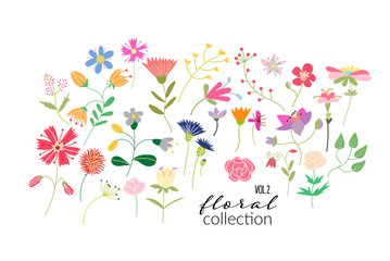wild flower meadow illustration. floral elements. romantic hand drawn flowers and leaves collection.