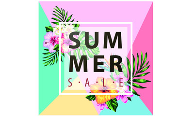 tropical collection with exotic flowers and leaves vector design isolated elements on the white, tropical flowers and palms summer banner graphic background exotic floral invitation flyer