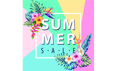tropical collection with exotic flowers and leaves vector design isolated elements on the white, tropical flowers and palms summer banner graphic background exotic floral invitation flyer