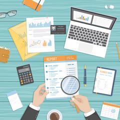 Fototapeta na wymiar Man inspects report. Accounting, research, planning, analysis, audit, calculation. Businessman hands with magnifying glass, paper documents, forms, calendar, laptop, calculator. Vector background 