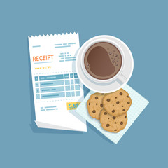 Paper receipt for cup of coffee, cookies with chocolate chips. Restaurant bill paying. Customer's payment for cafe service. Cashier check, invoice, order. Money for goods and services. Vector 