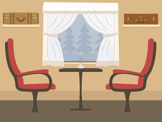 Train interior. Places in the railroad car. There are two red armchairs, a table, a window with curtains, suitcases on the shelves in the picture. Outside the window are the trees. Vector 