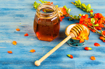 Honey from summer meadow flowers on blue wooden background