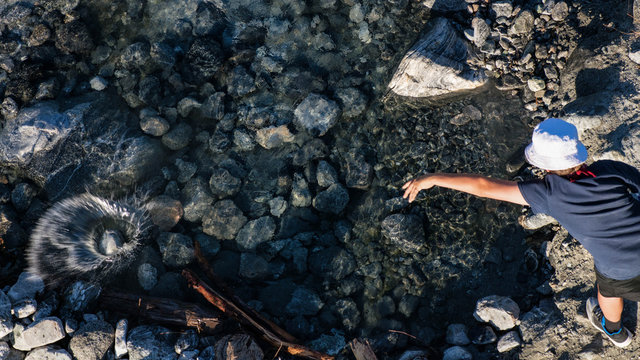Boy throwing a rock into a creek, America, USA