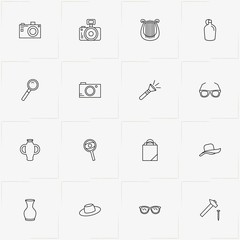 Archeology line icon set with hat, water flask and harp