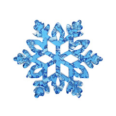 Liquid translucent snowflake made of crystal blue water isolated on white background. 3d render.