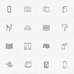 Art line icon set with painter, round ruler and smart phone