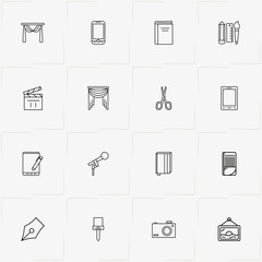 Art line icon set with pen with ruler, wall picture and microphone