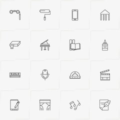 Art line icon set with architecture, curtains and smart phone