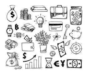 Fotobehang Hand drawn vector illustrations - Save money. Sketch design elements. Finance, payments, banks, cash, four-leaf clover, money box. Perfect for business presentations, web, bunners, advertising © Kate Macate