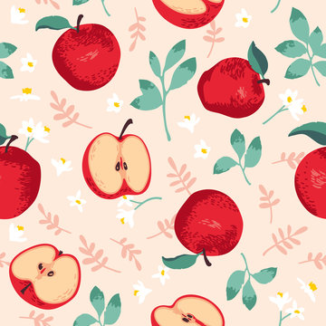 Vector summer pattern with apples, flowers and leaves. Seamless texture design.