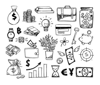 Hand drawn vector illustrations - Save money. Sketch design elements. Finance, payments, banks, cash, four-leaf clover, money box. Perfect for business presentations, web, bunners, advertising
