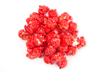 Red Colored Candy Coated Popcorn on a White Background