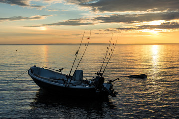 Naklejka premium Single trolling boat in lake sunset scenery