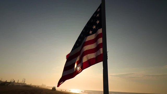 American Flag in the Wind at Sun Rise - Full HD - Ocean City New Jersey Beach - 2018 - 24 fps