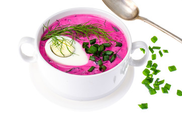 White bowl with beet dish on white background