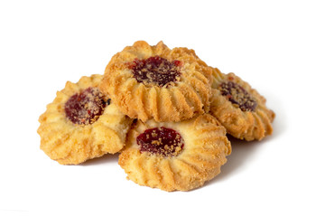 Kurabiye shortbread shaped like a flower with a jam in the center on an isolated white background