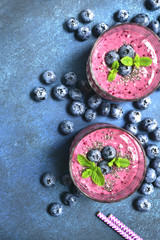 Blueberry and banana smoothie with mint and chia seed.Top view with copy space.
