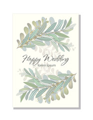 Card with beautiful twigs with leaves. Wedding ornament concept.