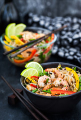 Delicious asian rice glass noodles with prawns and vegetables  (wok)