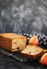 Fresh homemade delicious loaf cake with pears and prunes