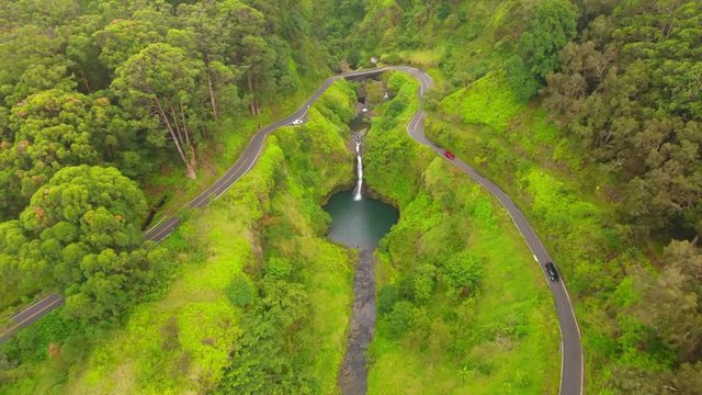 Aerial view of a Waterfall on the road to Hana Hawaii
