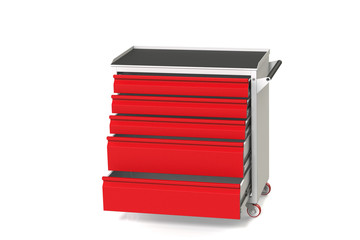 Metal tool cabinet on wheels with drawers. A convenient place for storing tools and spare parts. Metal furniture.