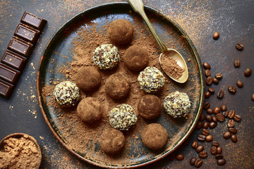 Assortment of homemade chocolate truffles.Top view.