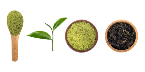 Green tea powder with green tea leaves and dried in a wooden container isolated on white