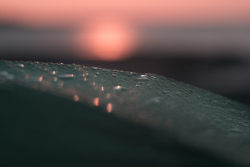 Condensate on the surface of the tent. The sun is in the background.