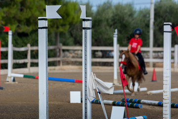 Fototapeta na wymiar Close Up of Obstacles on Blur Man Riding a Horse in a Riding School during a Competition on Blur Background