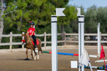 Fototapeta premium Close Up of Obstacles on Blur Man Riding a Horse in a Riding School during a Competition on Blur Background