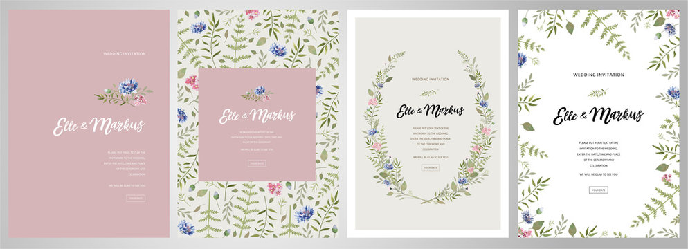 Design greeting card \ wedding invitations, floral frames for your vintage posters and backgrounds with elements of meadow flowers, leaves 