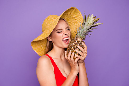 People person facial funny emotion expressing concept. Close up photo portrait of pretty humor comic bright shiny student on holiday tasting fresh ananas isolated vivid background