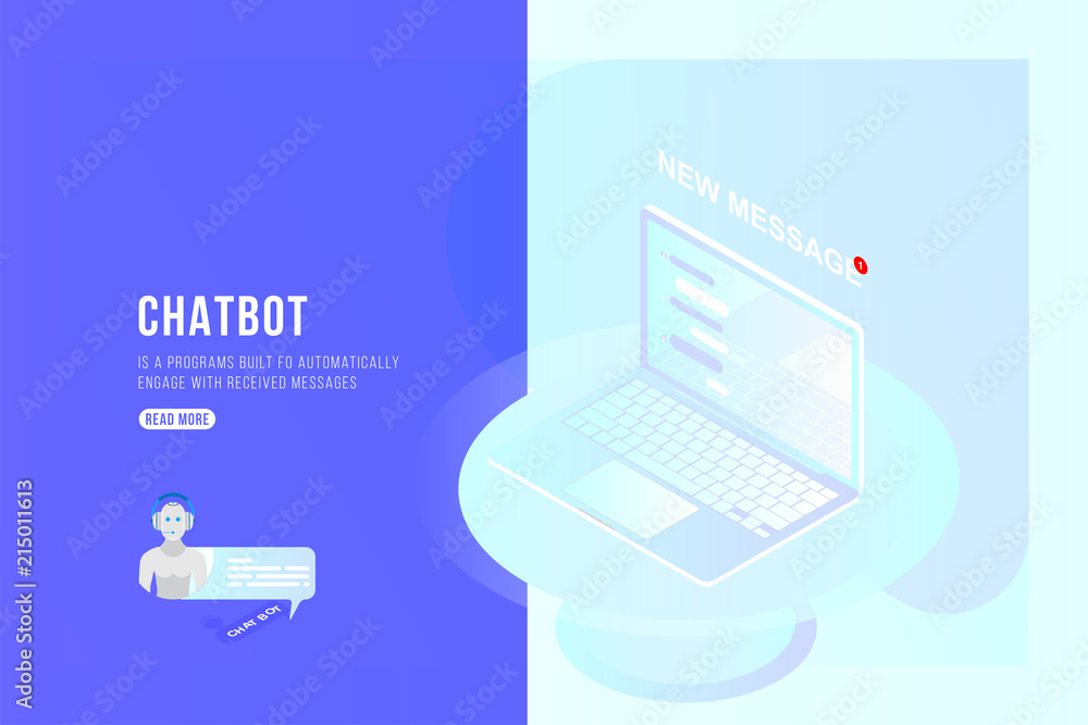 Poster chatbot isometric concept with new messages and pop-up chatting on the laptop. flat 3d isometric ill