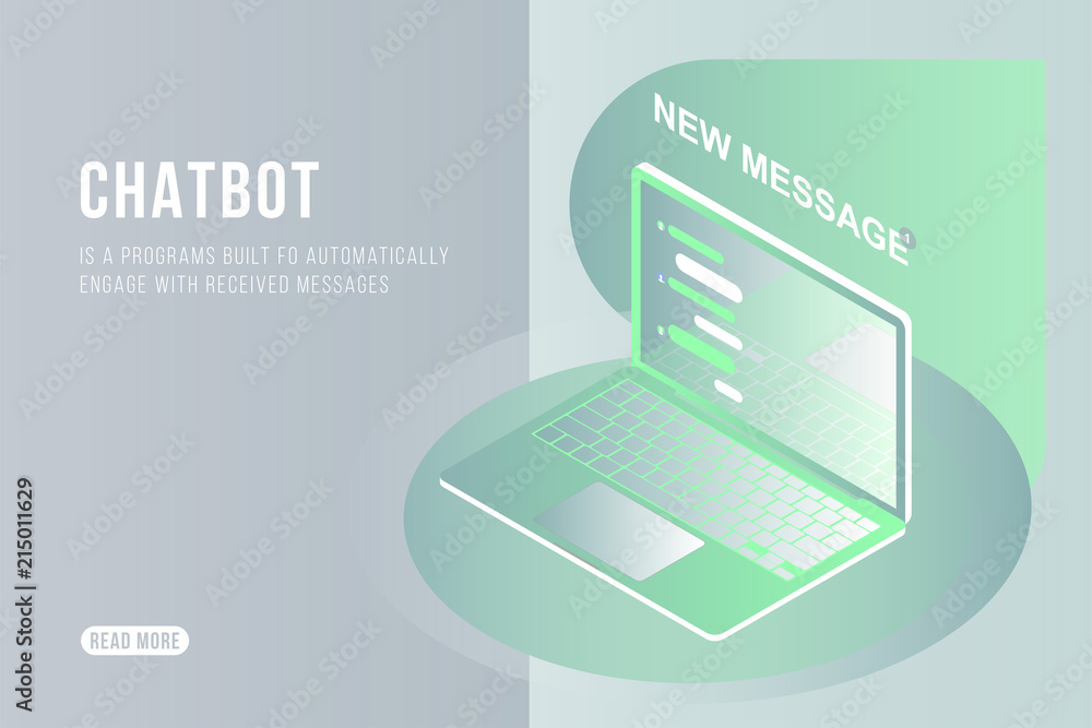 Poster chatbot isometric concept with new messages and pop-up chatting on the laptop. flat 3d isometric ill